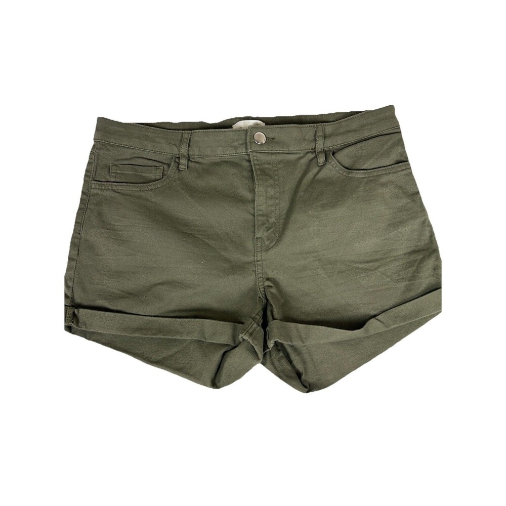 H&M Olive Green Cuffed Denim stretch Shorts utility military uniform Wms Size 12